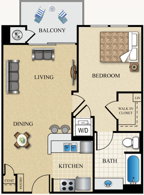 Floor plan for 1 bed, 1 bath, 628 sqft